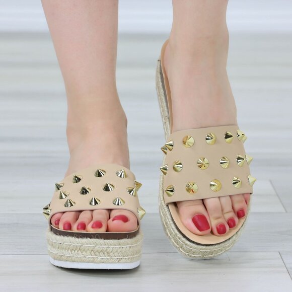 Beige Platform Sandals Gold Studded Slip On Braided Jute Sole Open Toe - Picture 5 of 12